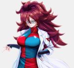  1girl ahoge android_21 black-framed_eyewear black_nails blue_eyes breasts brown_hair closed_mouth coat commentary_request dragon_ball dragon_ball_fighterz earrings glasses happy hoop_earrings jewelry konpeki labcoat large_breasts long_hair long_sleeves open_clothes open_labcoat red_ribbon_army simple_background smile white_background white_coat 