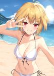  1girl absurdres arcueid_brunestud bangs blonde_hair breasts highres large_breasts melty_blood red_eyes swimsuit tsukihime yuyuenimo 