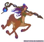  1girl absurdres animal_ears artist_name bangs bare_shoulders blue_eyes blue_hair flower hair_bun hair_flower hair_ornament highres holding holding_weapon joaowbenfica league_of_legends lillia_(league_of_legends) long_hair navel parted_lips purple_hair simple_background smile taur teeth weapon web_address white_background 