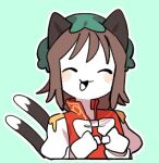  1girl :3 :d ^_^ animal_ears blue_background blush bow bowtie brown_hair cat_ears cat_tail chen closed_eyes cropped_torso green_headwear hands_up happy hat juliet_sleeves long_sleeves lowres mob_cap multiple_tails nekomata organsoup outline paw_pose puffy_sleeves red_vest short_hair simple_background smile solo tail tongue touhou two_tails upper_body vest white_bow white_bowtie white_outline 