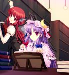  bat_wings book bookshelf cetera crescent hair_ribbon hat head_wings highres koakuma library long_hair multiple_girls patchouli_knowledge purple_eyes purple_hair red_eyes red_hair redhead ribbon smile touhou violet_eyes voile wings 