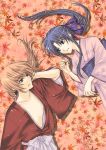  blue_eyes blue_hair blue_ribbon couple female himura_kenshin japanese_clothes kamiya_kaoru kimono lavender283 long_hair lying male orange_hair ponytail ribbon rurouni_kenshin violet_eyes 