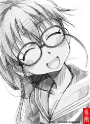  :d charcoal_(medium) glasses gofu monochrome open_mouth ponytail school_uniform serafuku sketch smile solo taneshima_popura traditional_media working!! 