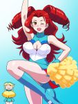  breasts cheerleader cleavage drill_hair earrings heroman jewelry large_breasts lina_davis long_hair pom_poms red_hair redhead smile sweatdrop tsunamagurou vera_(heroman) vera_collins wink 