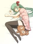  green_hair hair_ribbon hatsune_miku long_hair lying ribbon sayaemon sleeping stuffed_animal stuffed_toy teddy_bear thigh-highs thighhighs vocaloid 