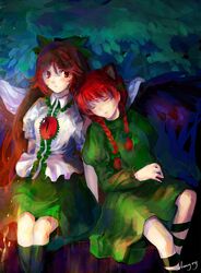  amyoy animal_ears bow braid brown_hair cat_ears closed_eyes fire hair_bow hair_ribbon kaenbyou_rin long_hair multiple_girls plant red_eyes red_hair redhead reiuji_utsuho ribbon sleeping socks touhou twin_braids wings 