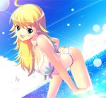  al_azif_(artist) beach bent_over bikini blonde_hair blush breasts cleavage dutch_angle earrings green_eyes highres hoshii_miki idolmaster jewelry long_hair medaillon necklace sky smile solo submerged swimsuit 