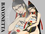  360kirimusume bayonetta bayonetta_(character) beauty_mark black_hair bodysuit doll earrings female glasses hair_bun long_hair mole red_ribbon ribbon sitting solo violet_eyes 