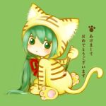  :&lt; animal_costume bowtie green_eyes green_hair hatsune_miku long_hair new_year paintbrush rineko simple_background solo striped tiger_costume tiger_print translated very_long_hair vocaloid 