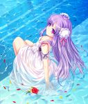  alternate_hairstyle blue breasts bun_cover cetera cleavage double_bun dress fish flower from_above hair_ornament hairclip highres long_hair looking_up patchouli_knowledge petals pink_eyes purple_hair sitting solo submerged sundress touhou water 