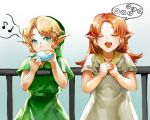  blue_eyes brown_hair closed_eyes instrument link long_hair lowres malon muse_(rainforest) musical_note nintendo ocarina ocarina_of_time pointy_ears singing smile the_legend_of_zelda young young_link 