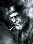  army beard beret bill_(left4dead) cigarette dark facial_hair gavade gavade_(artist) grayscale greyscale hat jacket left_4_dead male manly military monochrome night old_man rain realistic sketch smoking solo 