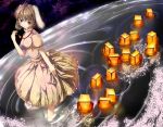  brown_hair bunny_ears bunny_tail carrot cherry_blossoms dress dutch_angle flower inaba_tewi jewelry lantern necklace paper_lantern rabbit_ears red_eyes ripples solo sugiyuu tail touhou tree wading water 