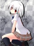  blush looking_back original red_eyes school_uniform short_hair skirt solo tsukumiya_amane white_hair 