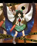  asymmetrical_clothes asymmetrical_clothing black_sun bow brown_hair cape eyes hair_bow highres long_hair mismatched_footwear radiation_symbol red_eyes reiuji_utsuho solo symbol-shaped_pupils touhou wings zoom_layer 