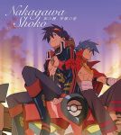   2boys album_cover bandage blue_hair boota cape choker cover goggles kamina lagann muscle official_art sarashi shirtless simon sitting tengen_toppa_gurren_lagann  