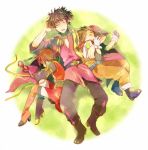  2boys asymmetrical_clothes black_hair brown_hair gloves goggles green_background height_difference karol_capel matsuko mismatched_footwear multiple_boys raven rita_mordio scarf short_hair size_difference sleeping tales_of_(series) tales_of_vesperia 