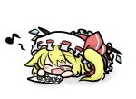  :d ^_^ blonde_hair blush bow chibi closed_eyes drawing fang flandre_scarlet happy hat hat_bow musical_note open_mouth ribbon side_ponytail smile solo touhou wings yanagi_(artist) 