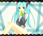  aqua_hair bare_legs bottomless detached_sleeves hatsune_miku long_hair mei1225 no_panties sitting spring_onion thighhighs twintails vocaloid 