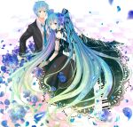  bad_id blue_eyes blue_hair blue_rose checkered checkered_floor dress dual_persona flower formal genderswap gloves gown gradient_hair green_hair hair_flower hair_ornament hatsune_miku hatsune_mikuo long_hair looking_back multicolored_hair piano_keys rose twintails very_long_hair vocaloid 