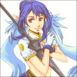  bad_id blue_hair elf gloves judith k2s0921 lance long_hair lowres midriff navel pointy_ears polearm red_eyes smile solo tales_of_(series) tales_of_vesperia weapon white_background 
