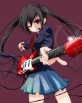  erizabesa foreshortening guitar highres instrument k-on! long_hair mouth_hold nakano_azusa plectrum red_eyes school_uniform solo twintails wink 