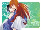   black_hair blue_ribbon couple closed_eyes female himura_kenshin itacurry japanese_clothes kamiya_kaoru kimono long_hair male open_mouth orange_hair ribbon rurouni_kenshin scar sitting  