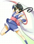  black_hair female fingerless_gloves gloves green_eyes japanese_clothes long_hair makimachi_misao ninja open_mouth ponytail rurouni_kenshin shorts solo suika-tk 