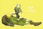  boots dual_persona earrings gloves helmet jewelry link link_(wolf) lying midna nintendo pointy_ears red_eyes sleeping the_legend_of_zelda time_paradox translated twilight_princess wolf 