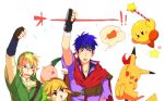  3boys azkn bandaid black_eyes blonde_hair blue_eyes blue_hair cape fire_emblem fire_emblem:_souen_no_kiseki fire_emblem_path_of_radiance gloves hat headband ike kirby kirby_(series) link multiple_boys pig pikachu pointy_ears pokemon pokemon_(creature) rod smile super_smash_bros. the_legend_of_zelda toon_link 