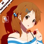  brown_eyes brown_hair digital_media_player english food fruit hair_bobbles hair_ornament headphones hirasawa_ui holding holding_fruit k-on! listen!! mp3_player nanao off_shoulder shadow solo star strap_slip strawberry 