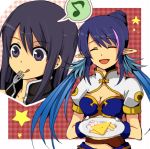  1girl :q azbean bad_id black_hair blue_hair closed_eyes food fork judith long_hair lowres musical_note pointy_ears red_background smile tales_of_(series) tales_of_vesperia tongue yuri_lowell 