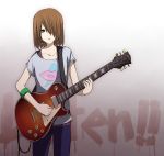  earrings guitar hair_over_one_eye highres hirasawa_yui instrument jeans jewelry k-on! listen!! solo utsui 