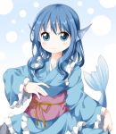  1girl alternate_color animal_ears blue_eyes blue_hair head_fins japanese_clothes kimono mermaid monster_girl obi rakugakiyarou sash short_hair smile solo touhou wakasagihime 