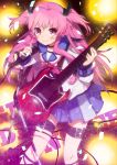  ankle_lace-up cross-laced_footwear demon_tail guitar instrument kippu long_hair microphone pink_eyes pink_hair school_uniform serafuku short_twintails tail thigh_strap twintails yui_(angel_beats!) 