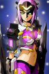  armor blade breasts cracks glowing glowing_eyes green_eyes haruyama kaldia_basirissa karudia_bashirissa large_breashs large_breasts midriff navel pink_hair short_hair solo super_robot_wars super_robot_wars_og_saga_mugen_no_frontier super_robot_wars_og_saga_mugen_no_frontier_exceed torn_clothes weapon 