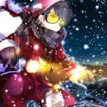  ayase08 black_hair christmas coat gloves goggles grin helmet highres long_sleeves moped original plaid plaid_scarf pun2 reindeer scarf smile snowing solo 