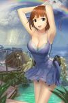  arms_up blue_eyes breasts brown_hair cleavage cloud clouds leaning_forward minidress rainbow shijima_(tanfn) shizuma_(tanfn) smile solo water 