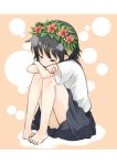  barefoot black_hair feet flower hair_flower hair_ornament head_wreath leg_hug nanatsu school_uniform sitting sleeping solo to_aru_kagaku_no_railgun to_aru_majutsu_no_index uiharu_kazari 