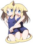  bad_id blonde_hair blue_eyes blush breast_press breasts cat_ears cat_tail hand_holding holding_hands huge_breasts kagura_yuuki large_breasts long_hair one-piece_swimsuit original school_swimsuit siblings sukumizu_flap swimsuit tail twins 
