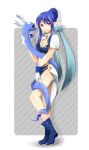  1girl blue_hair boots crossover dragonair elf gloves grey_background highres judith kazunokoww long_hair pointy_ears pokemon pokemon_(creature) smile tales_of_(series) tales_of_vesperia 