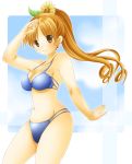  blonde_hair breasts brown_eyes brown_hair flower highres long_hair nashigami_tsubute original ponytail smile solo sunflower swimsuit tsubute 