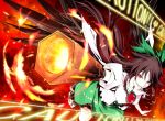  black_hair bow breasts brown_hair eyes fire hair_bow kanaria_(artist) long_hair pkk red_eyes reiuji_utsuho ribbon skirt solo touhou weapon 