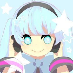  1girl aqua_eyes aqua_hair bad_id face hands_on_headphones hatsune_miku headphones long_hair portrait smile solo star tiiko twintails vocaloid 