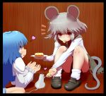  2girls animal_ears blue_hair blush cheese grey_hair ishikkoro looking_at_viewer mouse mouse_ears mouse_tail mouth_hold multiple_girls nazrin outstretched_hand red_eyes sitting tail tatara_kogasa touhou 