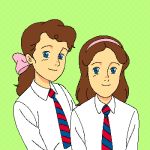  2girls 90s brown_hair hair_ribbon hairband isabelle_o&#039;sullivan japoor necktie oekaki patricia_o&#039;sullivan ponytail ribbon siblings simple_background sisters smile the_twins_of_st._clare&#039;s twins 