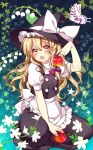  1girl apple bad_id blonde_hair bow braid butterfly buttons flower food fruit hair_bow hat highres kirisame_marisa long_hair masaru.jp multicolored_eyes open_mouth pink_eyes sitting solo touhou witch_hat yellow_eyes 