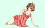  arm_support bare_shoulders barefoot breasts brown_eyes brown_hair cleavage finger_to_mouth legs lying meiji69 meiji_(artist) meiko on_side short_dress short_hair simple_background sitting solo vocaloid wallpaper 