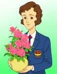  90s blazer brown_hair flower holding japoor necktie oekaki rose school_uniform sheila_naylor short_hair solo the_twins_of_st._clare&#039;s 