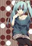  aqua_hair blue_eyes blue_hair blush casual hatsuka_nezumi hatsune_miku long_hair smile solo sweater swreater thighhighs twintails vocaloid zettai_ryouiki 